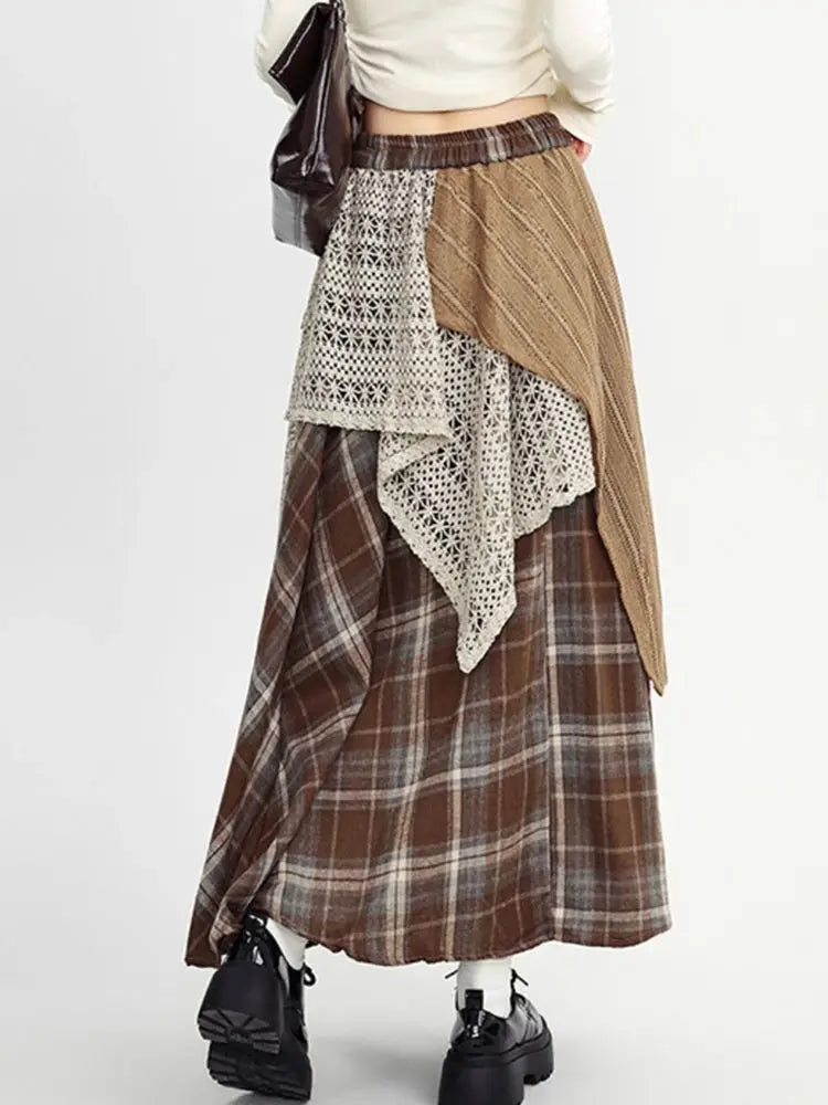 Y2k Skirts Women Clothing 2025 Faldas Mujer De Moda Contrast Color A-line Jupe Fashion Korean Saia Lace Plaid Casual Long Skirt