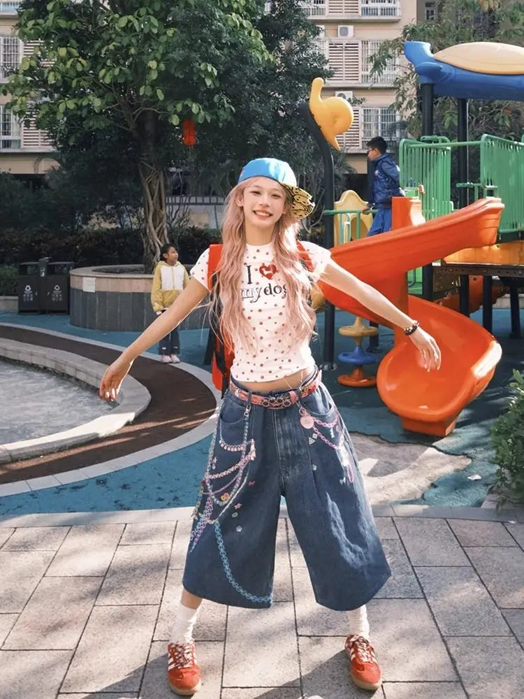 HOUZHOU Y2k Vintage Denim Shorts Women Blue Baggy American Retro Washed Jorts Streetwear High Waist Wide Leg Jeans Aesthetics