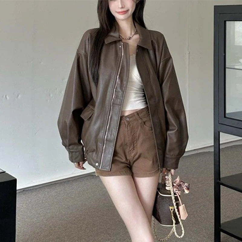 New American Retro Faux Leather Jacket Women Autumn Y2K Long Sleeve Pu Jackets Woman Stylish Loose Zipper Moto Biker Coats Mujer