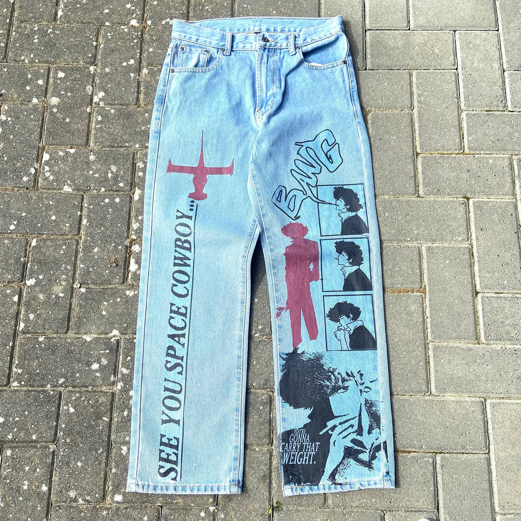 Y2k Anime Baggy Denim Trend Hand Drawn Printed Pattern New Men Women Pants Hip Hop Retro Harajuku Streetwear Unisex Casual Jeans