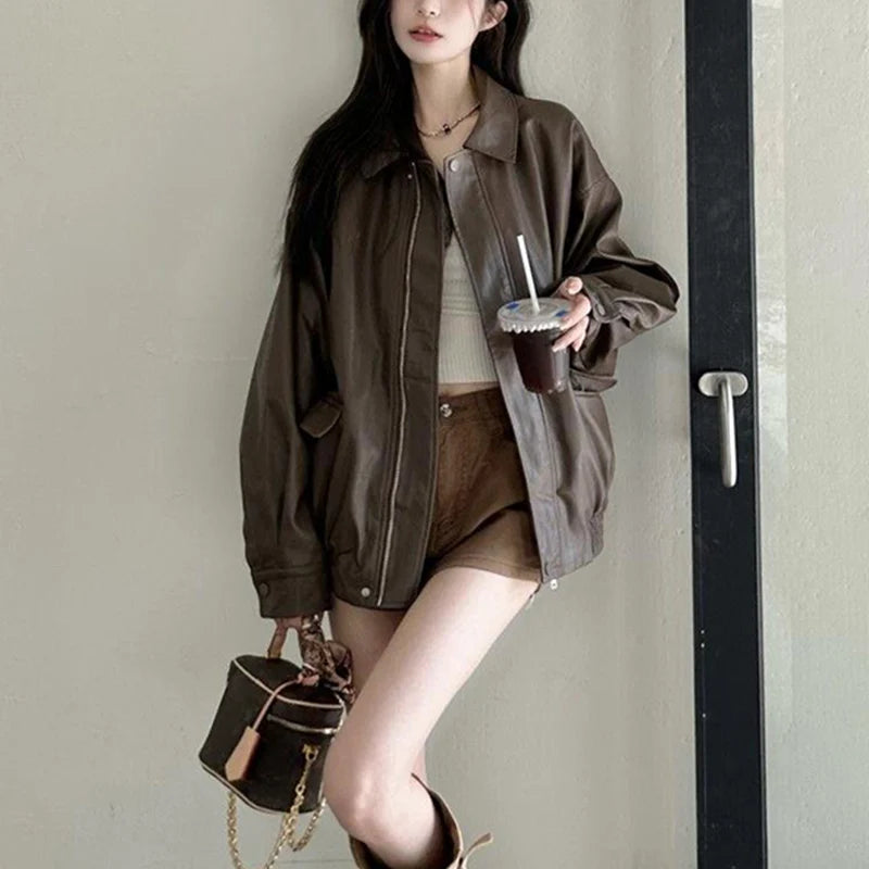 New American Retro Faux Leather Jacket Women Autumn Y2K Long Sleeve Pu Jackets Woman Stylish Loose Zipper Moto Biker Coats Mujer