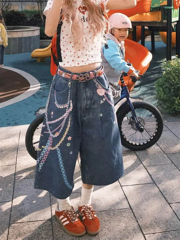 HOUZHOU Y2k Vintage Denim Shorts Women Blue Baggy American Retro Washed Jorts Streetwear High Waist Wide Leg Jeans Aesthetics