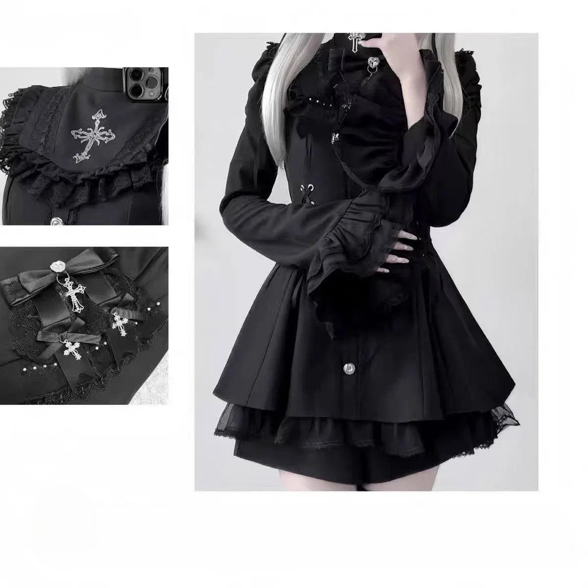 Women Y2k Aesthetic Lolita Style Bow Dress Shorts Set Japanese Gothic Lace Flare Sleeve Button Shirt Dress Punk Party Mini Dress