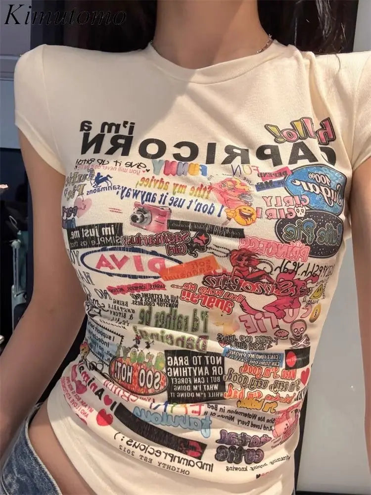 Y2K Women Printing T Shirts Summer Sexy Slim Short Sleeve Tops Female Fashion Gothic Streetwear Skinny Crop Tees New