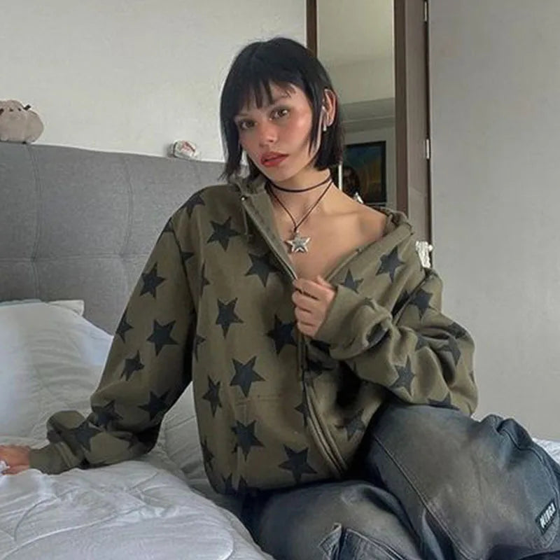 Y2k Vintage Gothic Women Hoodie Fashion Stars Print Zip Up Autumn Winter Hip Hop Long Sleeve Jacket Coat Loose Hooded Sweatshirt