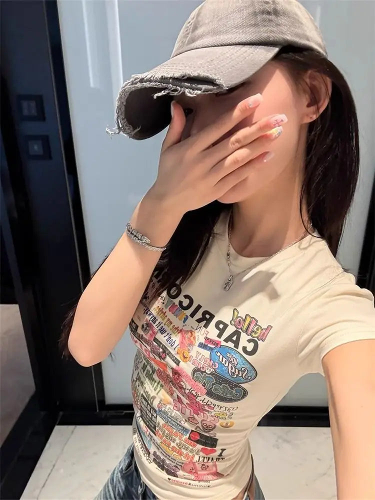 Y2K Women Printing T Shirts Summer Sexy Slim Short Sleeve Tops Female Fashion Gothic Streetwear Skinny Crop Tees New