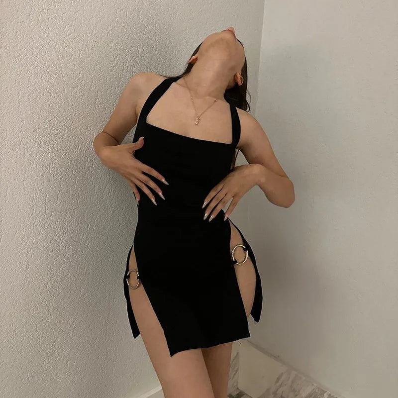 Y2k Black Spaghetti Strap Mini Robe Dress Women Backless Sexy Party Thigh Slit Slim Suspender Skirts 2024 Summer Evening Dresses