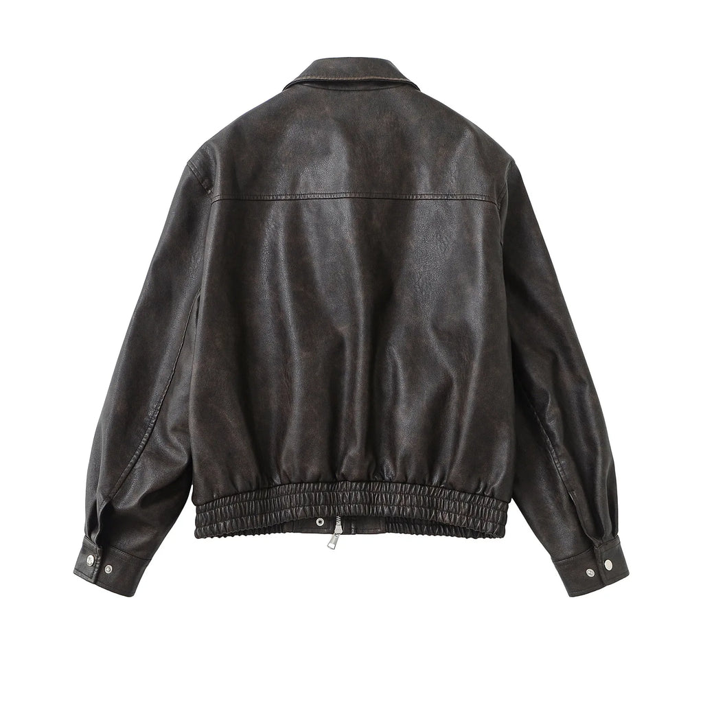 Faux Leather Women Jackets Pu Coats Turn Down Collar Coat Casual Loose Y2k Streetwear Splice Work Jacket Autumn Winter 2025