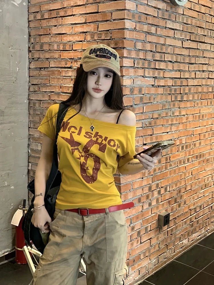 Y2k Sport Summer Off shoulder Top Women Sexy Vintage 2000s