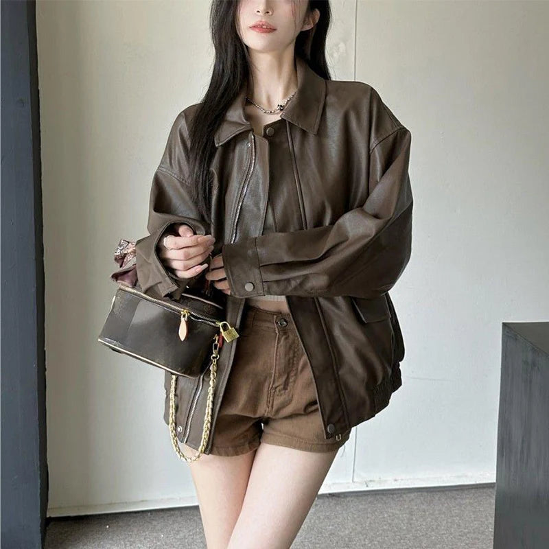 New American Retro Faux Leather Jacket Women Autumn Y2K Long Sleeve Pu Jackets Woman Stylish Loose Zipper Moto Biker Coats Mujer