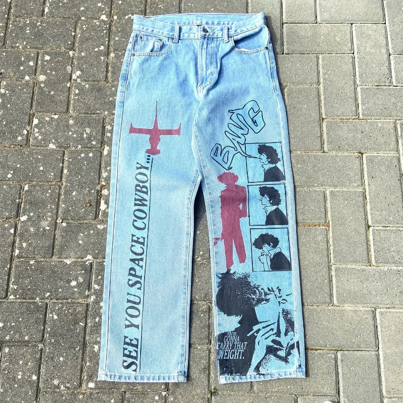 Y2k Anime Baggy Denim Trend Hand Drawn Printed Pattern New Men Women Pants Hip Hop Retro Harajuku Streetwear Unisex Casual Jeans