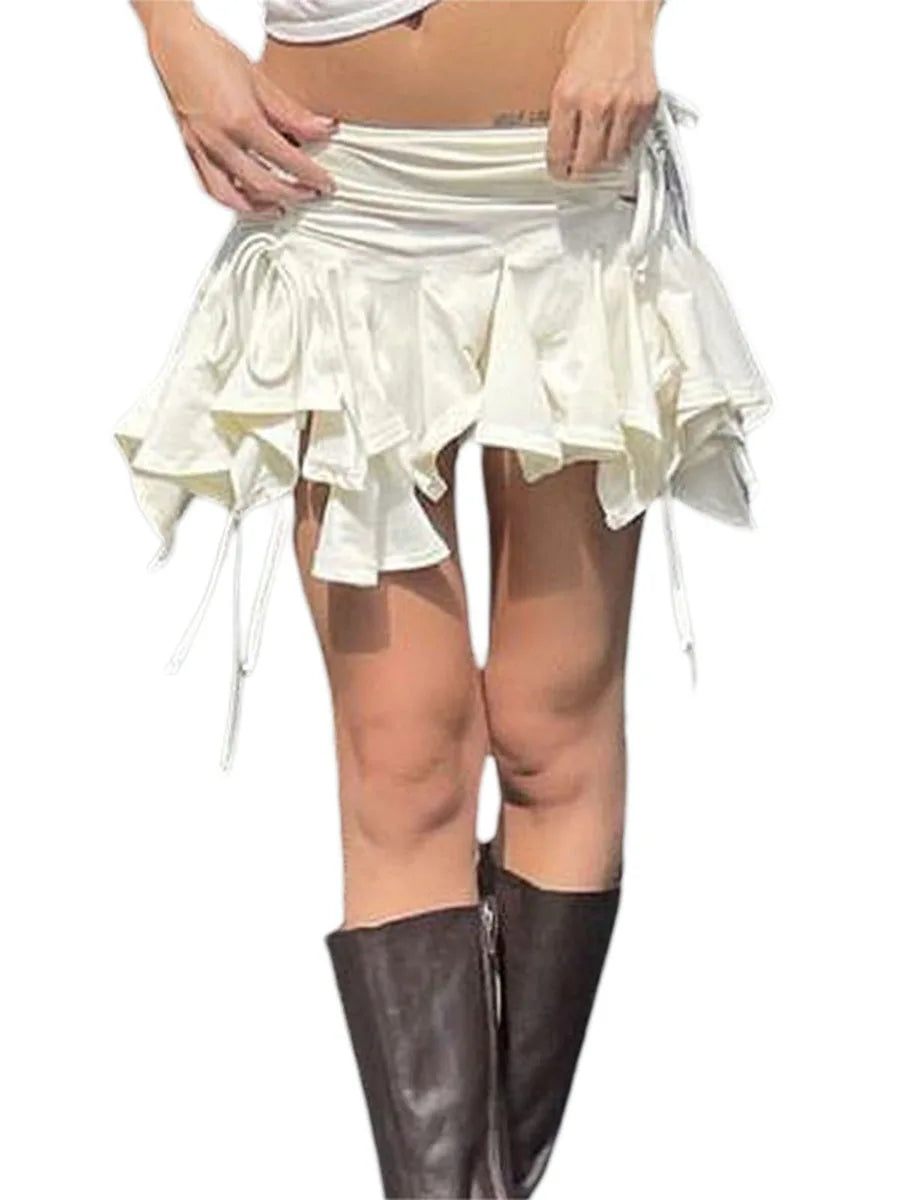 Y2K Gothic Punk Women Irregular Duck Skirts Solid Color Drawstring Tie-Up Ruched Ruffles Mini Skirt Summer Fashion Short Skirts
