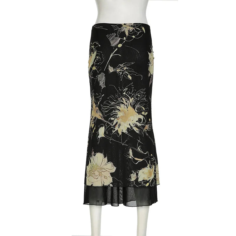 Y2K Double Layer Mesh A-line Skirt Women Fashion Florals Print Slim Skirts Fairy Streetwear Gothic Bottomsprint Print Mesh Skirt