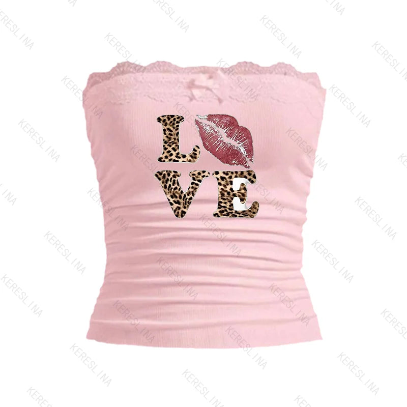 Y2k leopard LOVE Print spicy girl crop top Baby tee 2000s