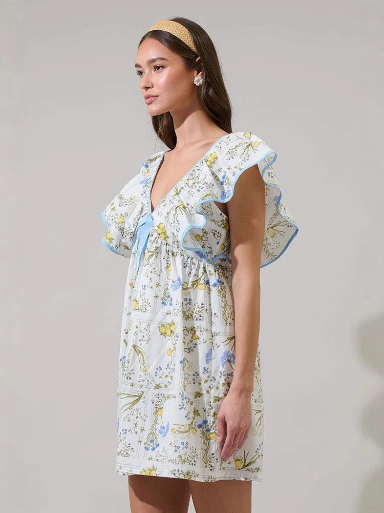 Women Vintage Y2k Mini Dress V-neck Backless Dress Girls Bow Tie Short Skirt 2025 New Loose A-Line Dress Beach Holiday Sundress
