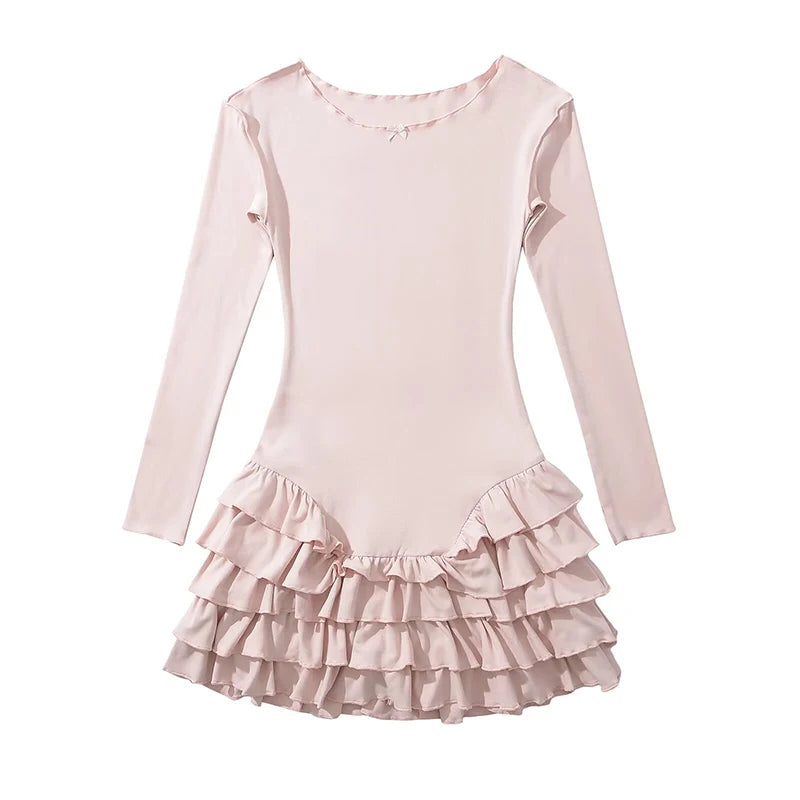 YENKYE Y2k Women Long Sleeve O Neck Ruffle Dresses Spring 2025 Basics Fashion Vestidos Mujer Spicy Girl Style Sexy Mini Dress
