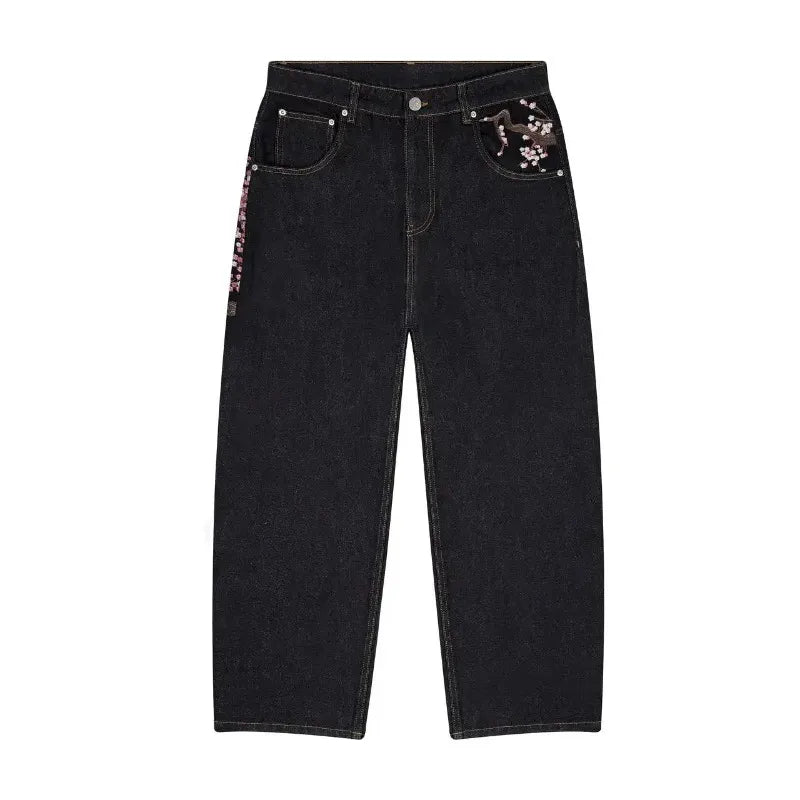 2025 New Y2K Baggy jeans Cherry Blossom Selvedge Embroidery Denim Pants men women denim fabric American Hiphop Streetwear W★★★★