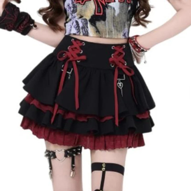 Y2K Subculture Women Skirt Korean Lace Up Hotsweet Streetwear Mini Skirts High Waist A Line Chic High Street Female Cake Skirts