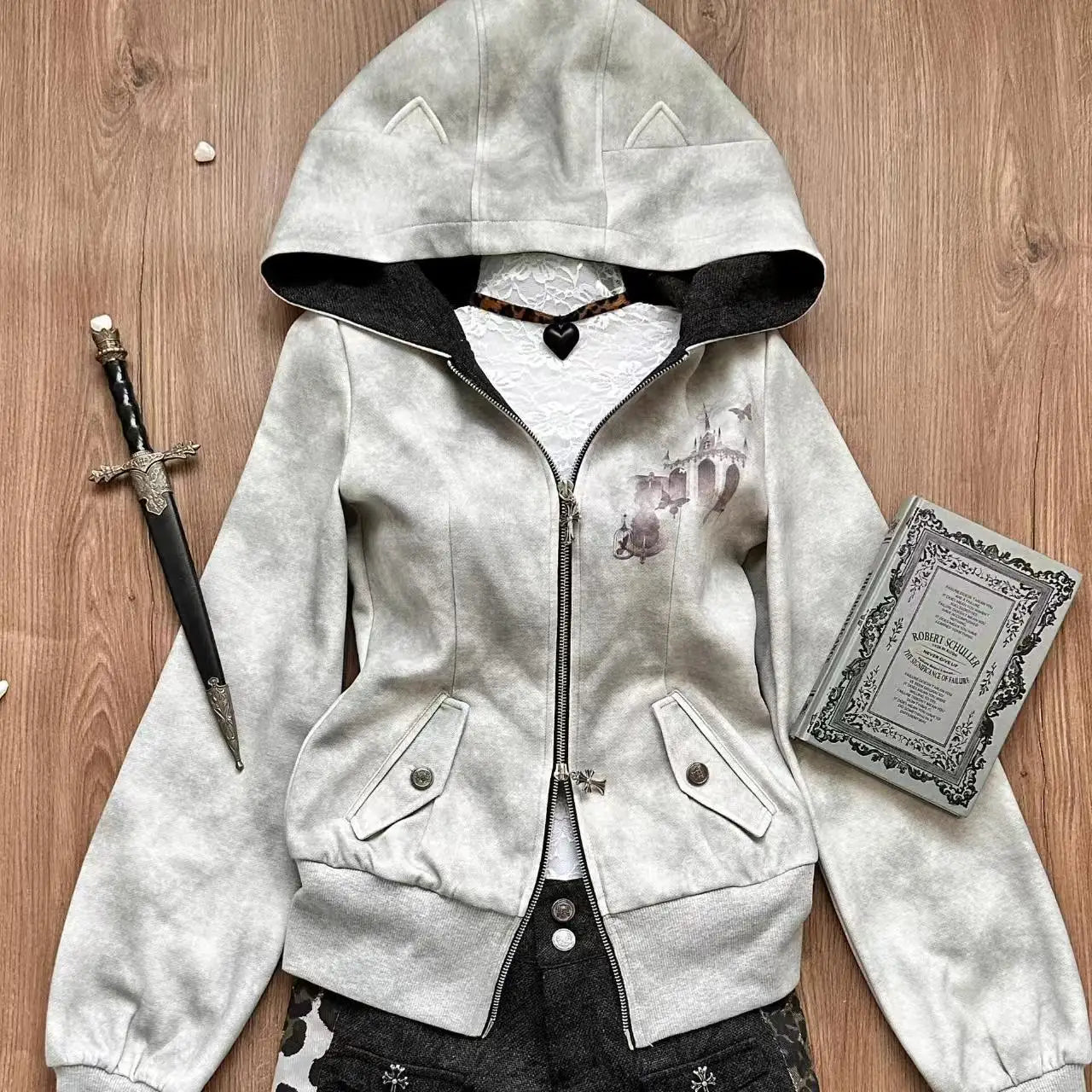 American Vintage Y2k Hottie Slimming Hoodies Autumn Cotton 100% New Gray Harajuku Hoodie Womens Subculture Zip-up Cardigan Coat