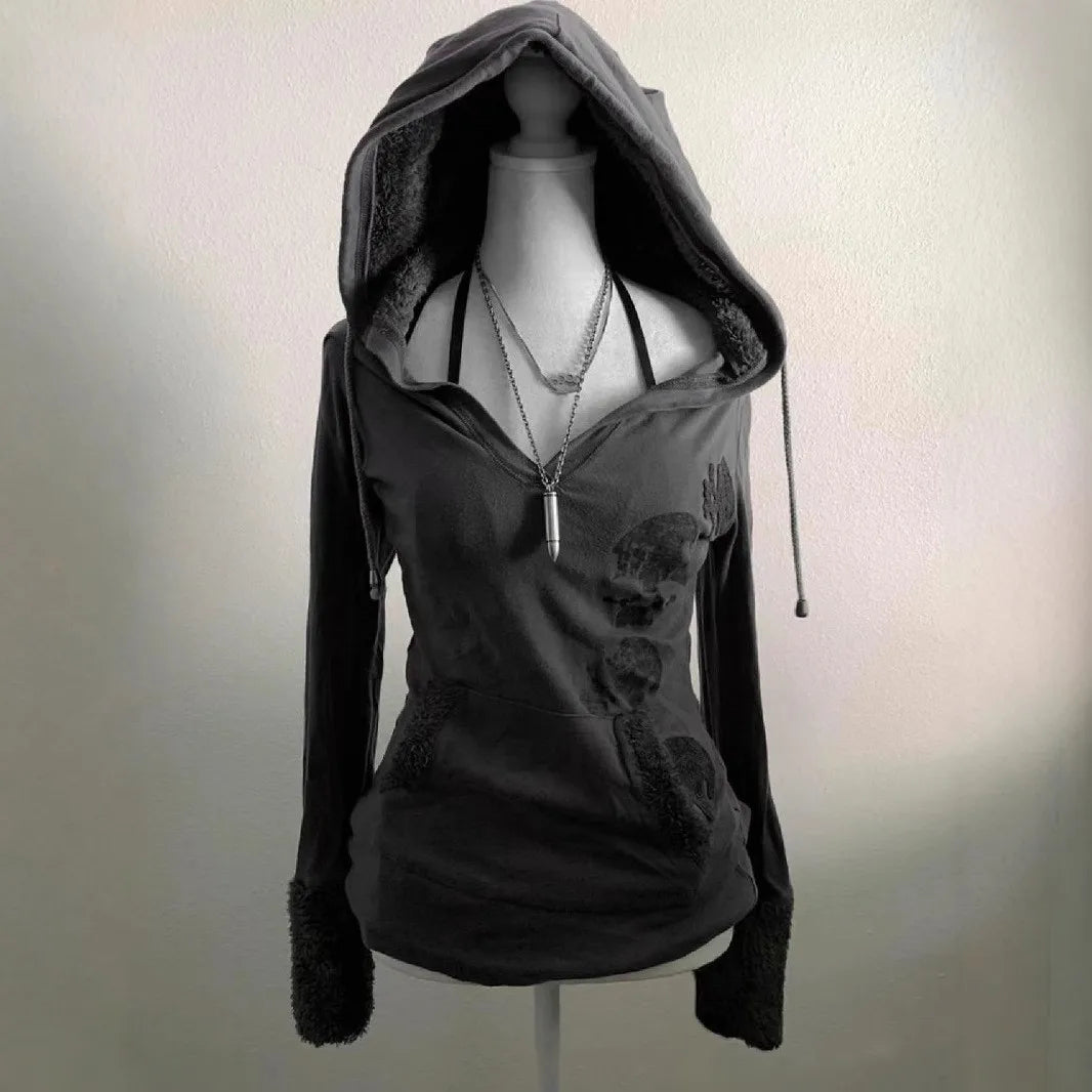 Y2k American retro hoodie, vintage hooded short sleeved fake emo, women's cut, front shoulder slim fit, two hoodies, women's ver