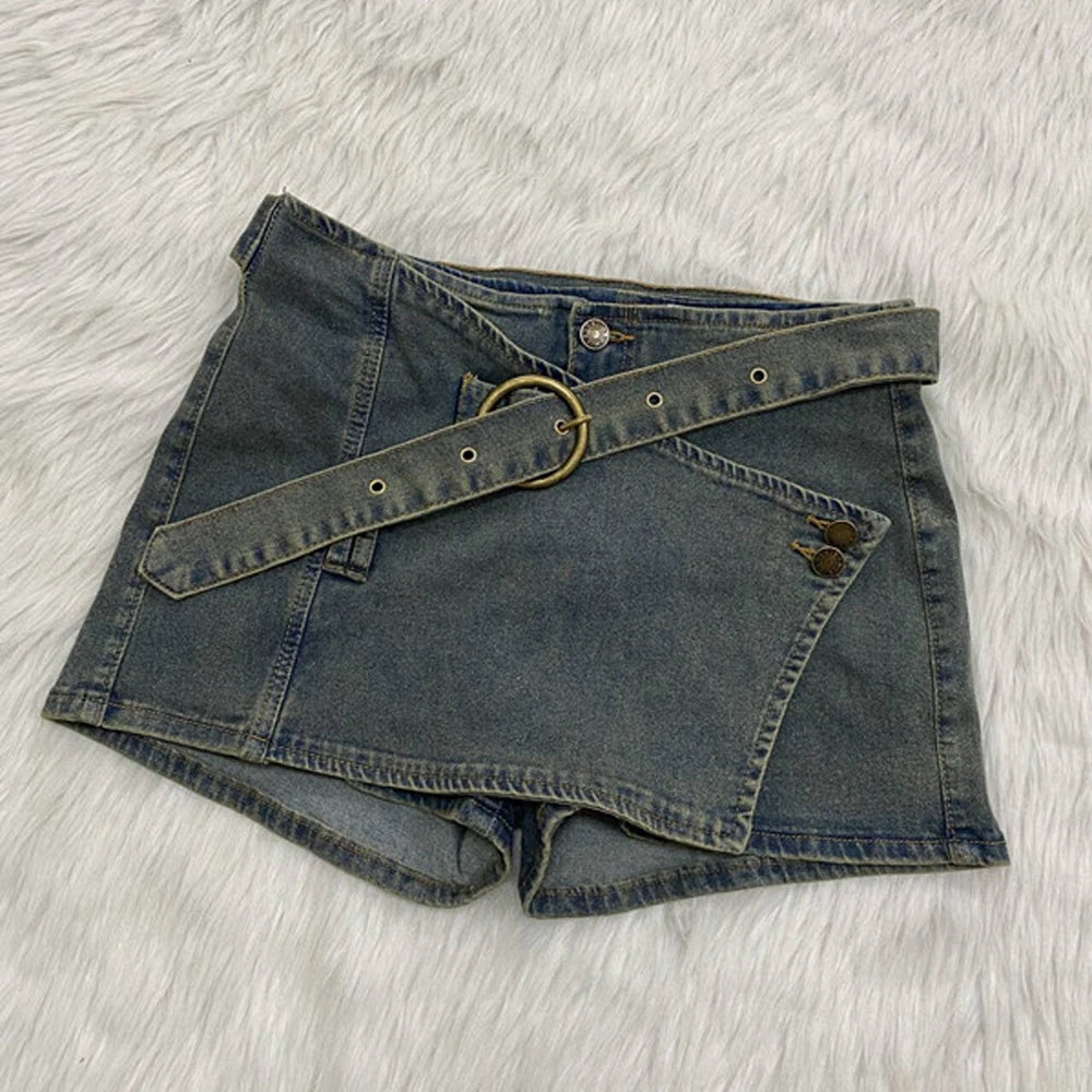 Chic Women Denim Short Skirt Y2k Street Wear Clothes 2025 Summer Sexy Irregular Vintage Washed Blue Belted Mini Jean Skirts