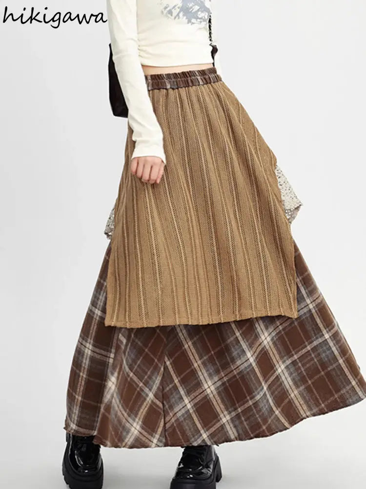 Y2k Skirts Women Clothing 2025 Faldas Mujer De Moda Contrast Color A-line Jupe Fashion Korean Saia Lace Plaid Casual Long Skirt