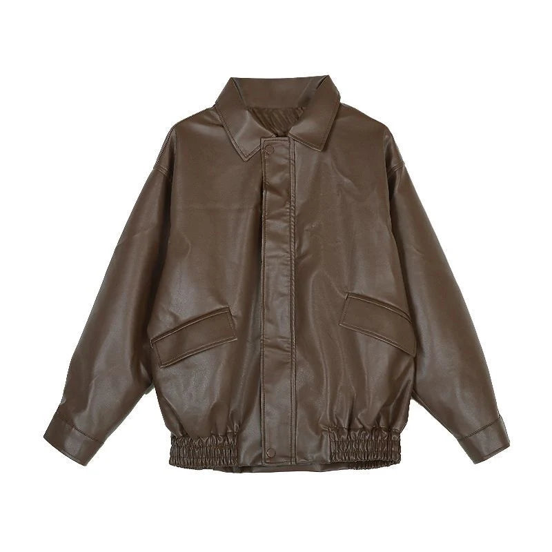 New American Retro Faux Leather Jacket Women Autumn Y2K Long Sleeve Pu Jackets Woman Stylish Loose Zipper Moto Biker Coats Mujer