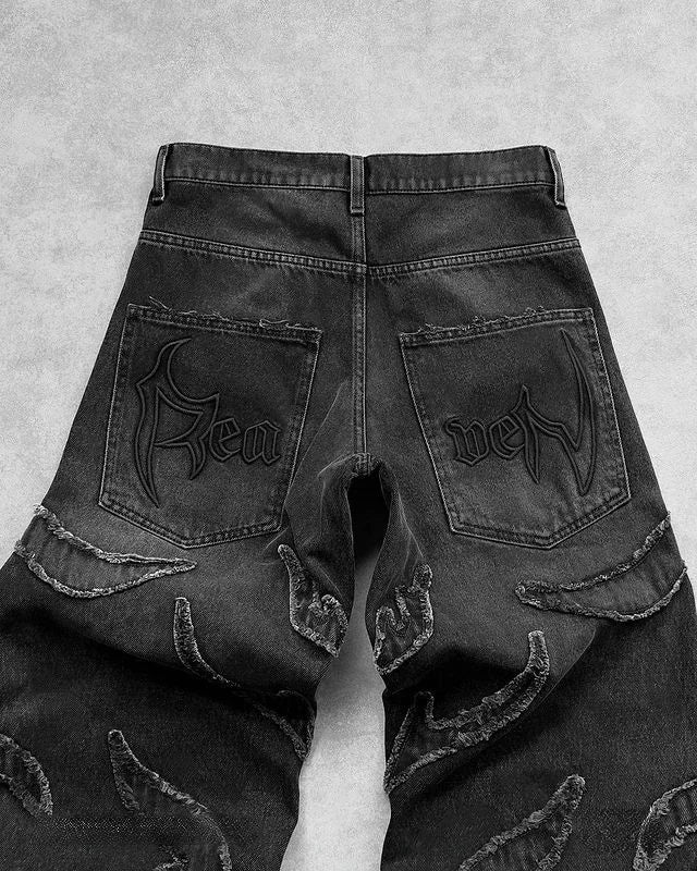 2025 Y2k Hip Hop Baggy Jeans for Men Distressed Retro Black Pants Embroidery Harajuku Gothic Wide Leg Trousers Streetwear Pants