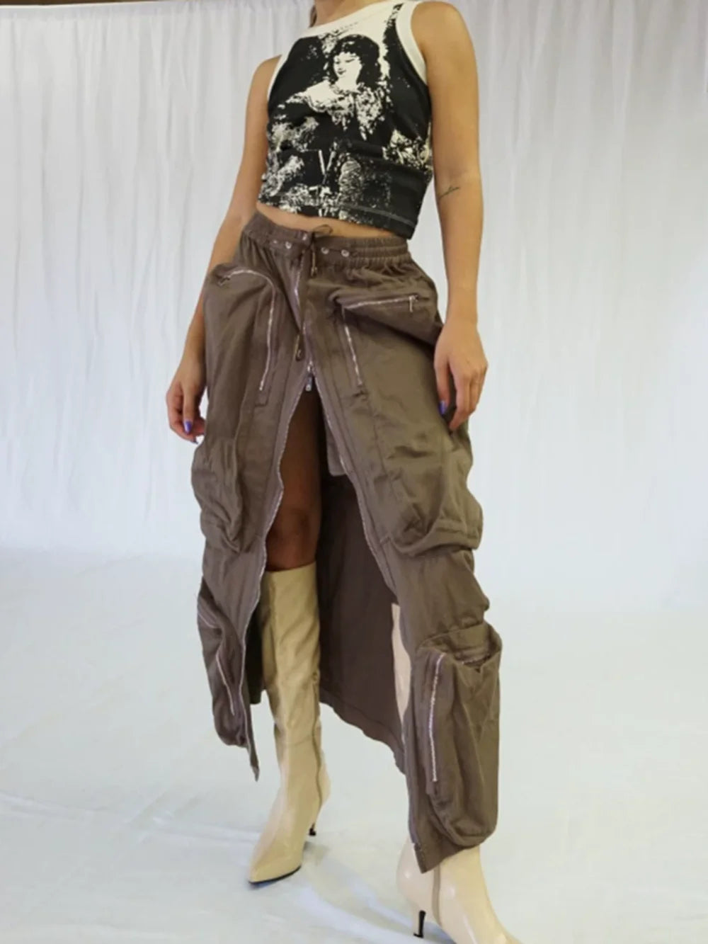 Modphy Y2k Black long Skirt Fashion Harajuku Multi Pocket Solid Skirt Womens Streetwear Casual Sexy Khaki Skirt