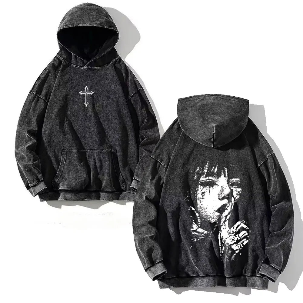 Vintage Y2K Cross Printed Washed Hoodie Cotton Long Sleeve Hip Hop Men Winter Clothing Fashion Casual Hip Hop Hooded Sweatshirt