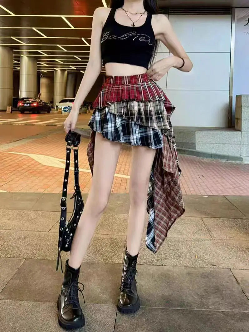 New In Y2k Skirt For Women 2024 Summer Autumn Plaid Patchwork Tassel Sexy Mini Short Skirt Japan Popular Skirt