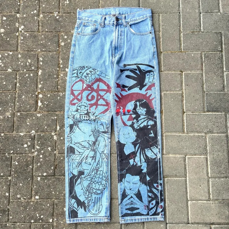 Y2k Anime Baggy Denim Trend Hand Drawn Printed Pattern New Men Women Pants Hip Hop Retro Harajuku Streetwear Unisex Casual Jeans