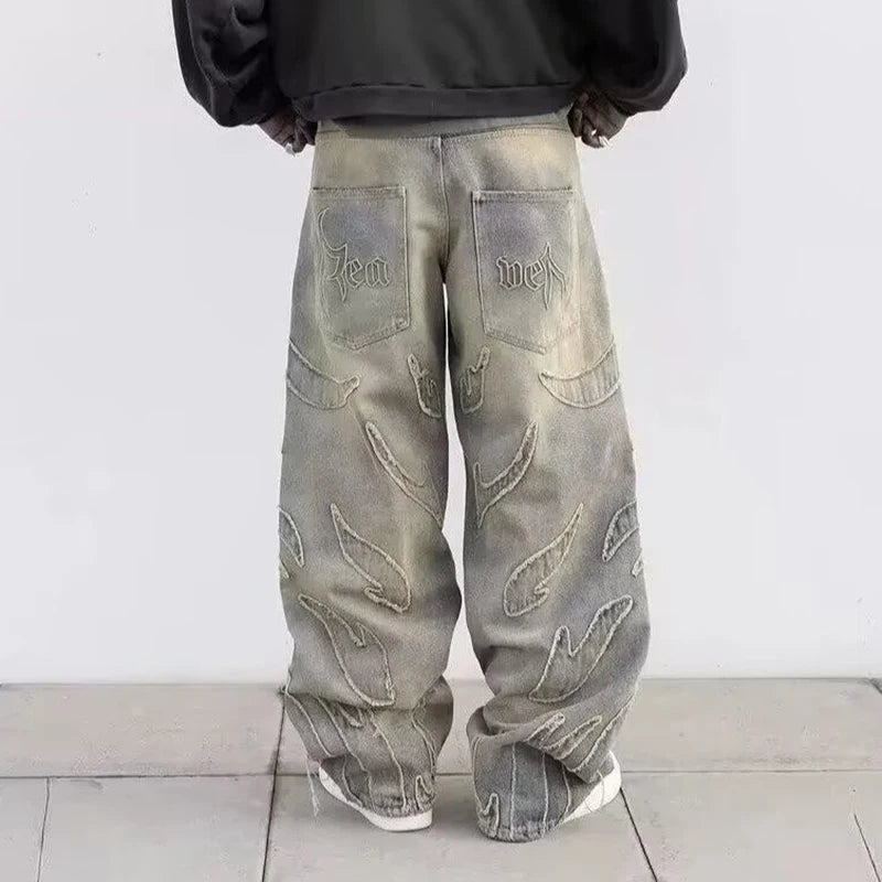 2025 Y2k Hip Hop Baggy Jeans Men's Street Fashion Raw Edge Embroidered Jeans Street Gothic Retro High Waisted Wide Leg Trousers
