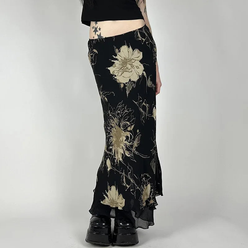 Y2K Double Layer Mesh A-line Skirt Women Fashion Florals Print Slim Skirts Fairy Streetwear Gothic Bottomsprint Print Mesh Skirt