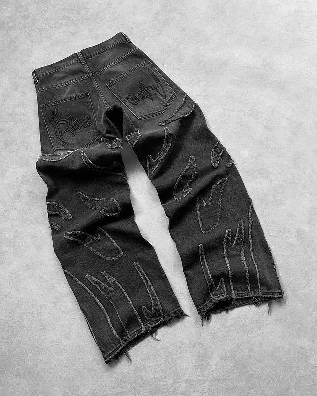 2025 Y2k Hip Hop Baggy Jeans for Men Distressed Retro Black Pants Embroidery Harajuku Gothic Wide Leg Trousers Streetwear Pants
