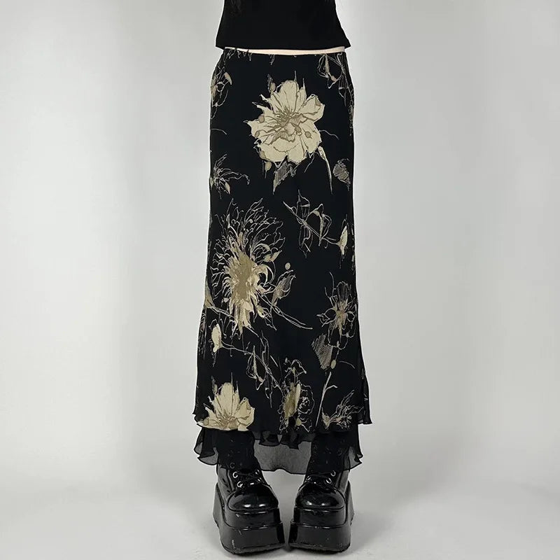 Y2K Double Layer Mesh A-line Skirt Women Fashion Florals Print Slim Skirts Fairy Streetwear Gothic Bottomsprint Print Mesh Skirt