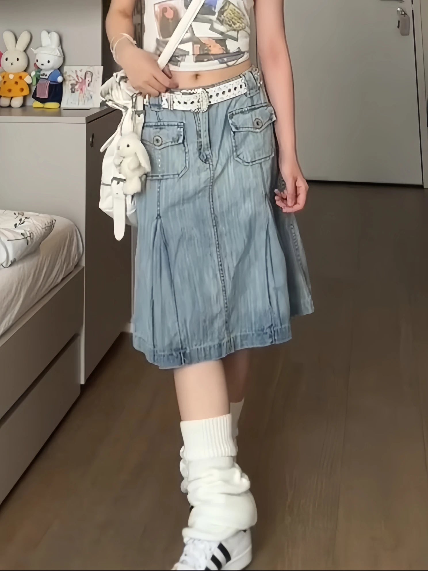 Summer Women Japanese Y2k 2000s Aesthetic A-line Midi Denim Skirt Korean Fashion Kpop Gyaru Jean Skirt Goblin Core Harajuku New