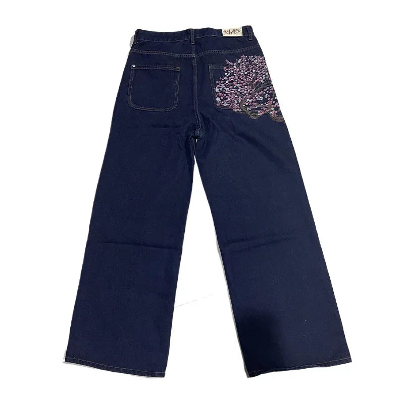 2025 New Y2K Baggy jeans Cherry Blossom Selvedge Embroidery Denim Pants men women denim fabric American Hiphop Streetwear W★★★★