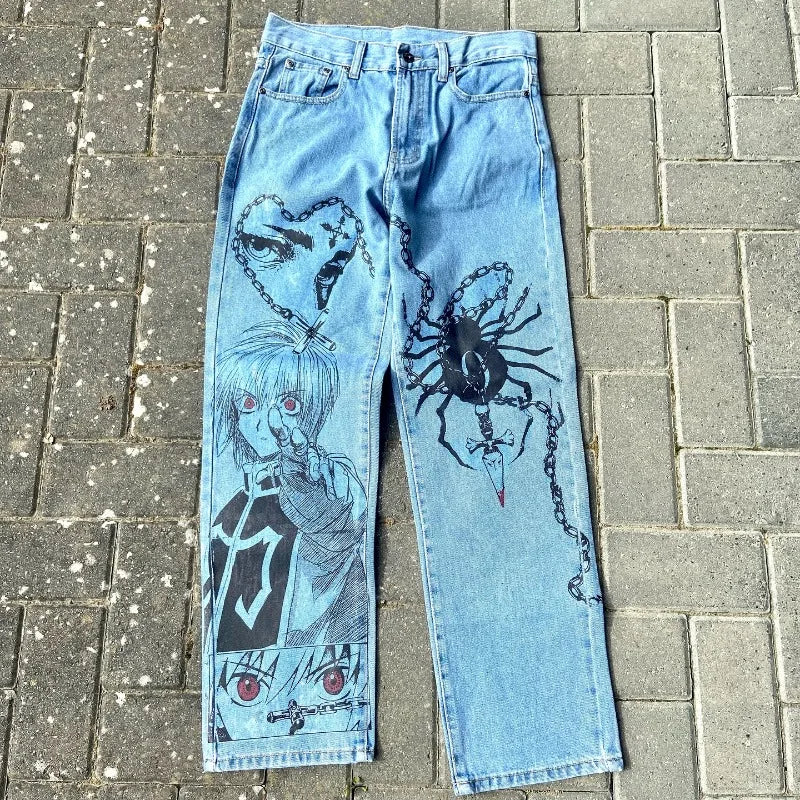 Y2k Anime Baggy Denim Trend Hand Drawn Printed Pattern New Men Women Pants Hip Hop Retro Harajuku Streetwear Unisex Casual Jeans