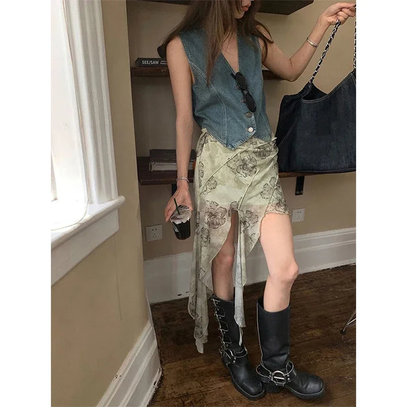 Y2K 2000S Asymmetric Mini Skirt Women Gothic Harajuku Floral Print Hip Wrap Skirts Summer Korean Aesthetic Slim A Line Skirt New