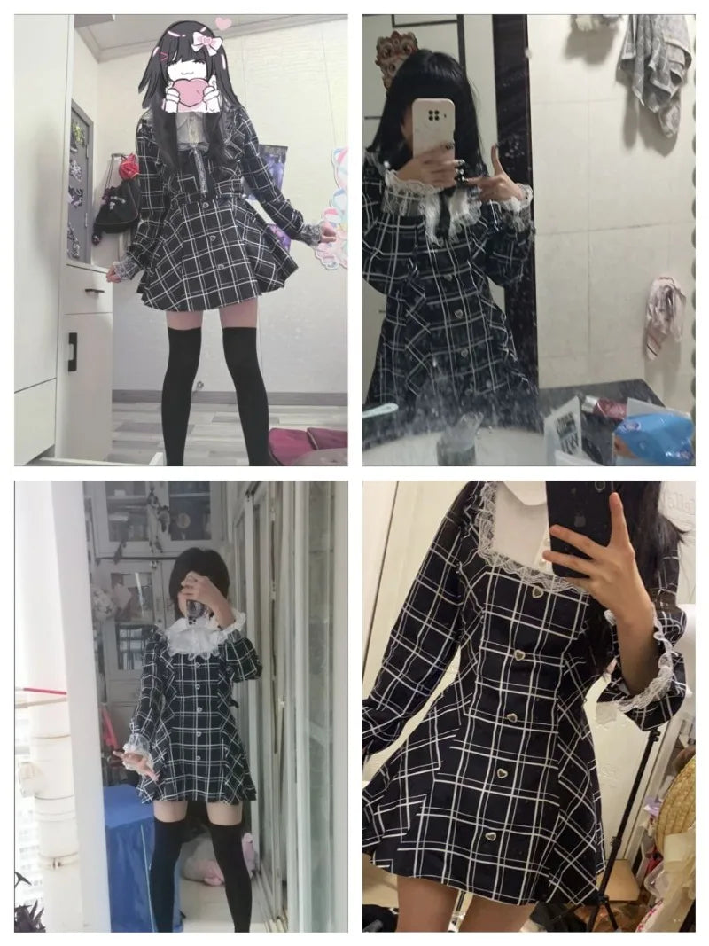 Women Y2k Aesthetic Lolita Style Bow Dress Shorts Set Japanese Gothic Lace Flare Sleeve Button Shirt Dress Punk Party Mini Dress