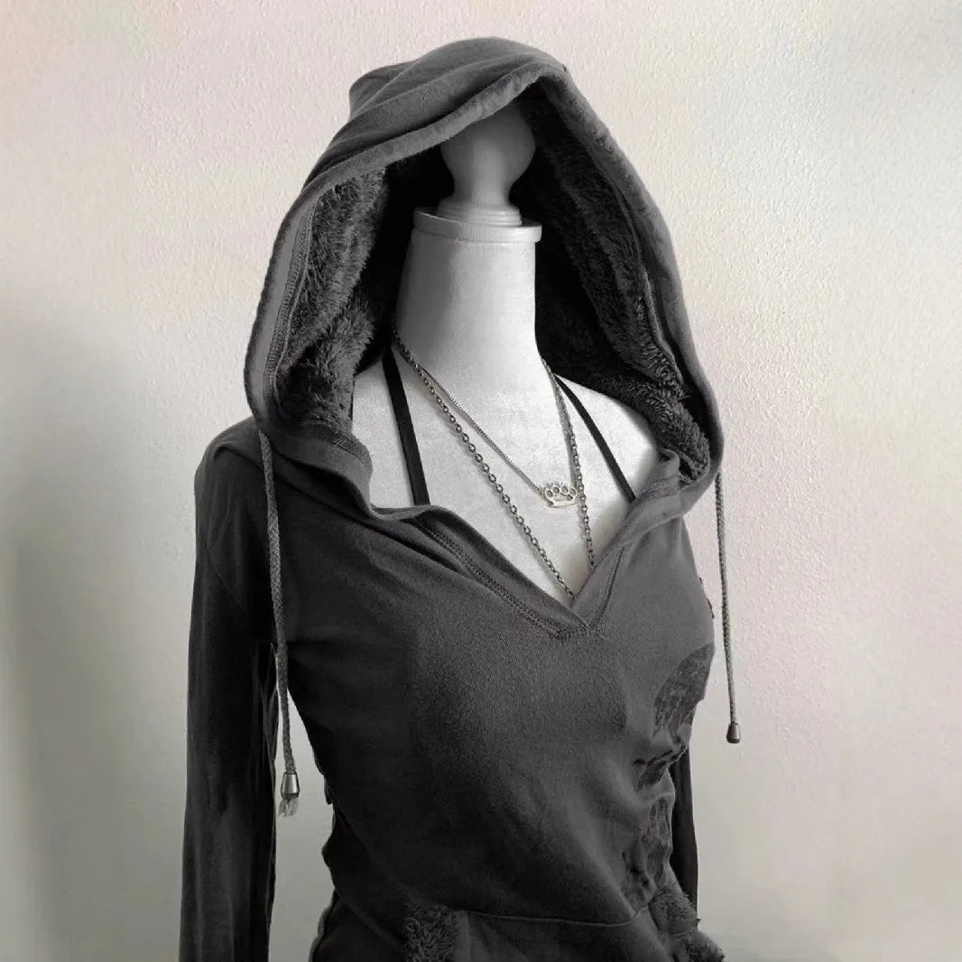 Y2k American retro hoodie, vintage hooded short sleeved fake emo, women's cut, front shoulder slim fit, two hoodies, women's ver