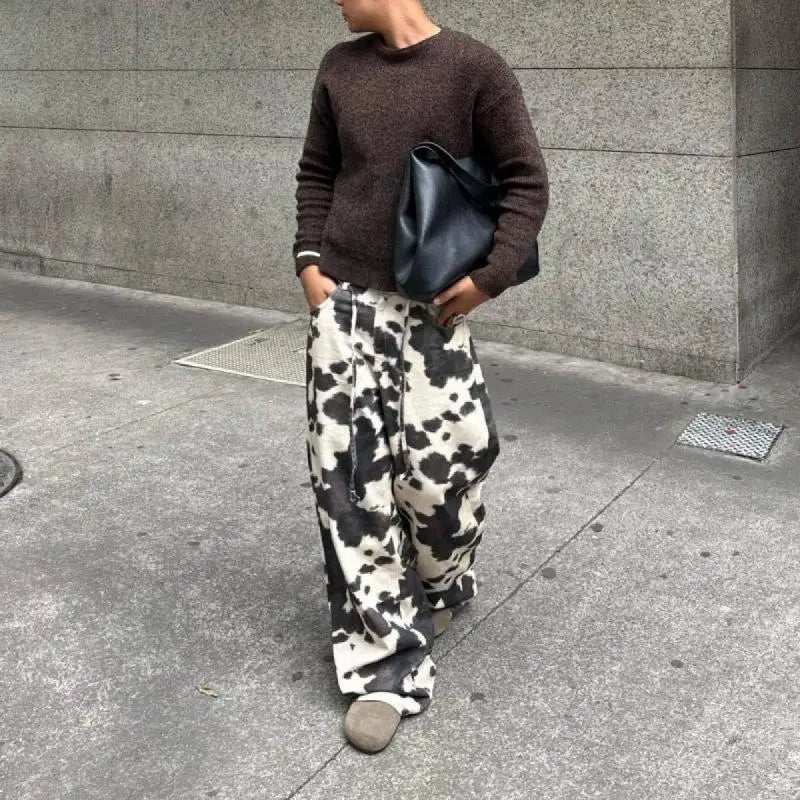 Vintage Cow Print Women's Jeans Y2K Washed Wide Leg Baggy Jeans Woman American Style Fashion Unisex Baggy Streetwear Denim Pants