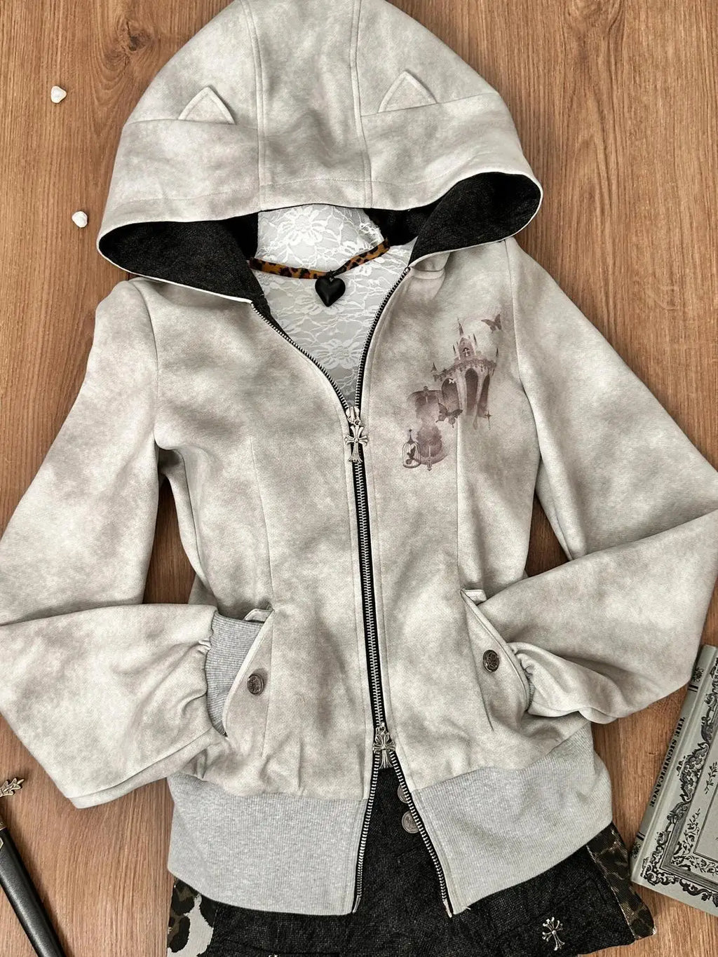 American Vintage Y2k Hottie Slimming Hoodies Autumn Cotton 100% New Gray Harajuku Hoodie Womens Subculture Zip-up Cardigan Coat