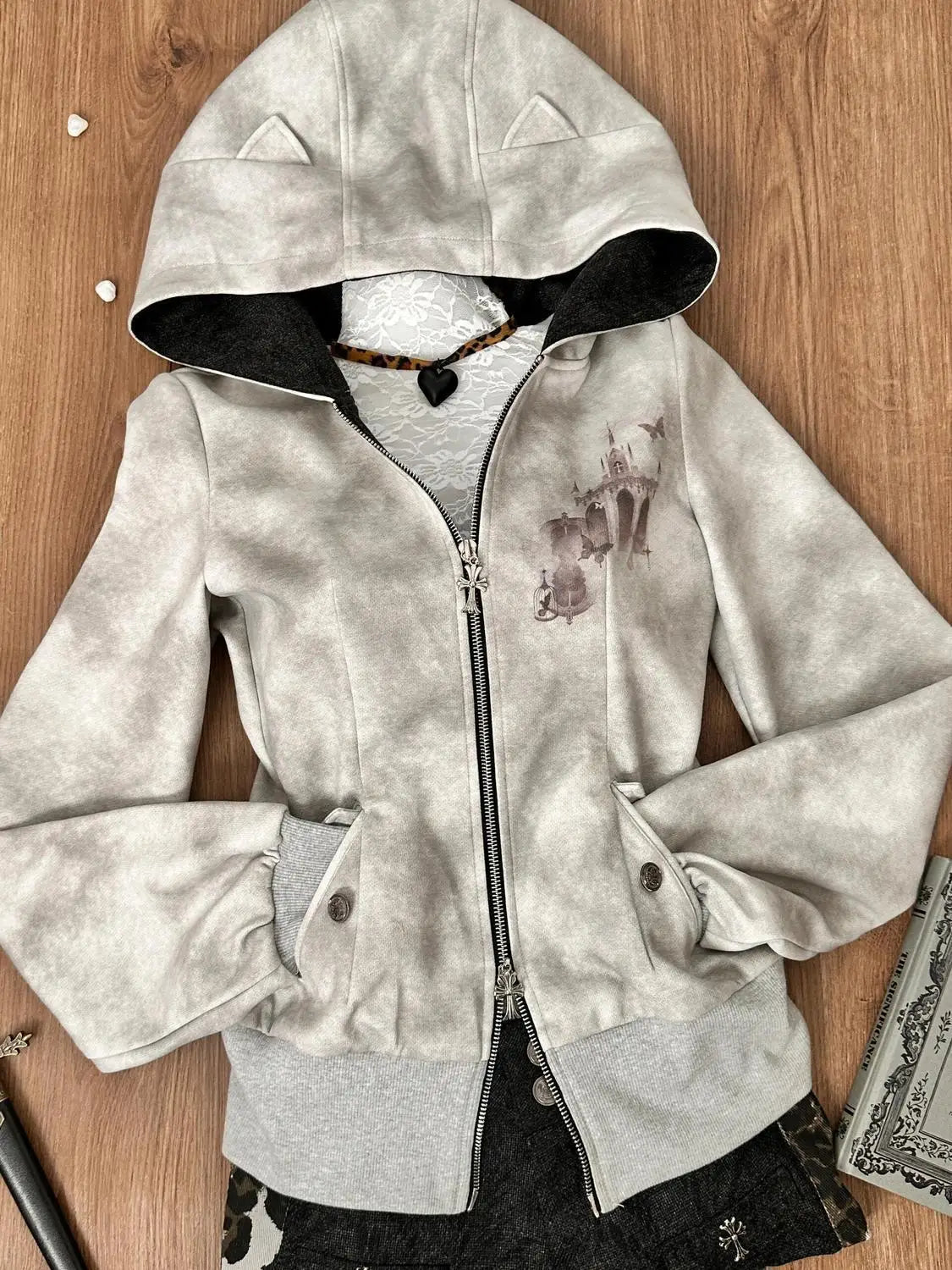 American Vintage Y2k Hottie Slimming Hoodies Autumn Cotton 100% New Gray Harajuku Hoodie Womens Subculture Zip-up Cardigan Coat