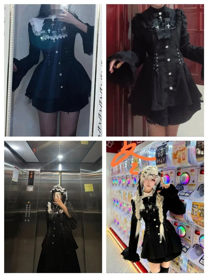 Women Y2k Aesthetic Lolita Style Bow Dress Shorts Set Japanese Gothic Lace Flare Sleeve Button Shirt Dress Punk Party Mini Dress