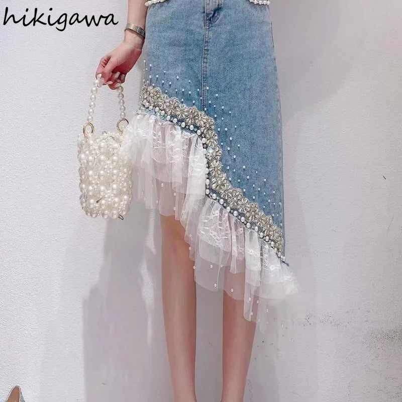 Denim Skirt Women Patchwork Lace Sweet Jupe 2025 Faldas Mujer De Moda Fashion Irregular Beading Summer Saia Bodycon Y2k Skirts