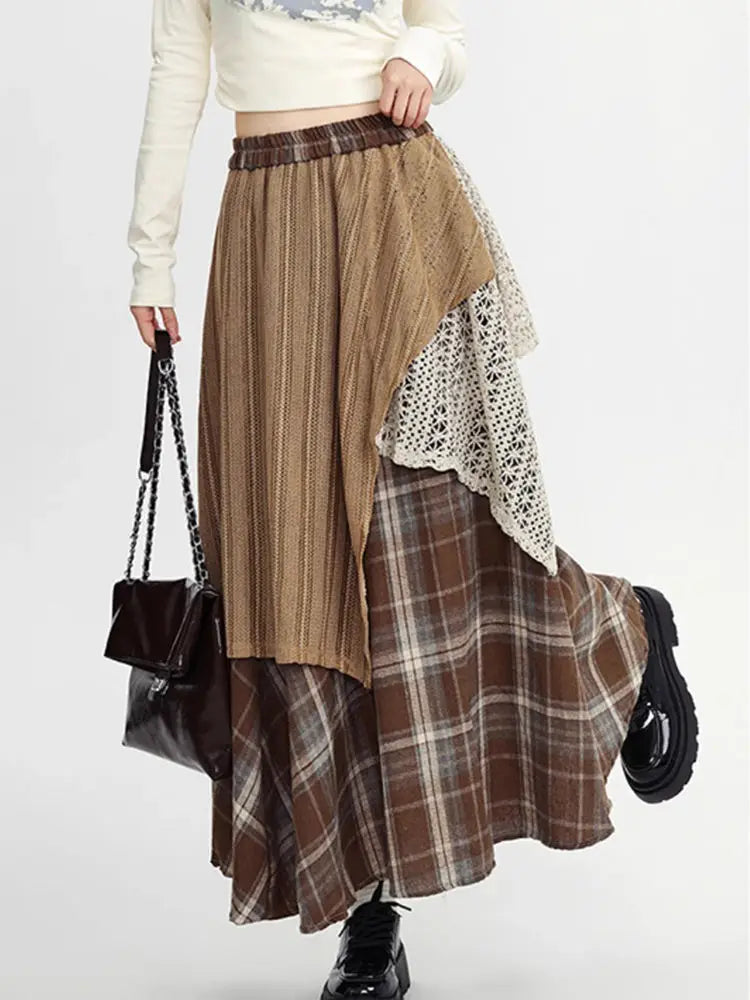 Y2k Skirts Women Clothing 2025 Faldas Mujer De Moda Contrast Color A-line Jupe Fashion Korean Saia Lace Plaid Casual Long Skirt