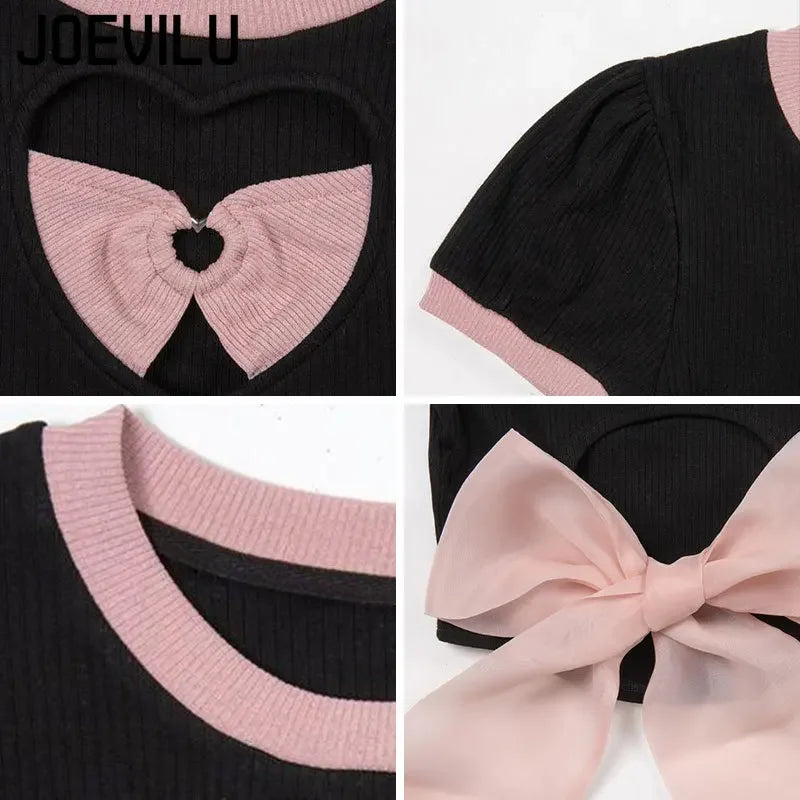 Y2k Skirt Set Bow Tie Love Hollow Out Crop Top Denim Ruffled Pleated Skirt 2 Piece Sets Women Summer Sexy Backless Outfits Suit