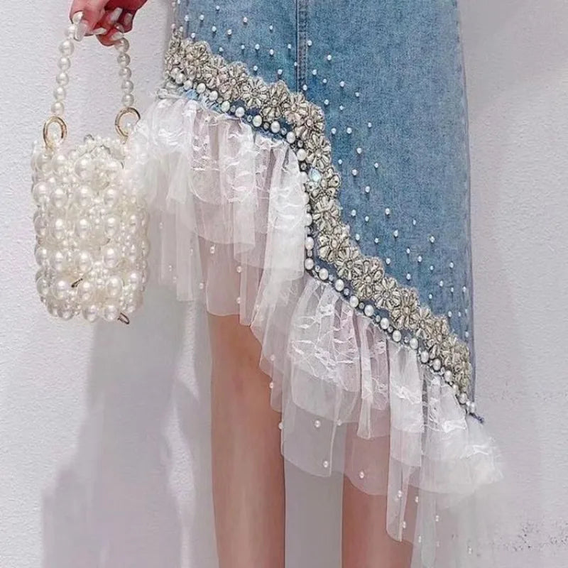 Denim Skirt Women Patchwork Lace Sweet Jupe 2025 Faldas Mujer De Moda Fashion Irregular Beading Summer Saia Bodycon Y2k Skirts